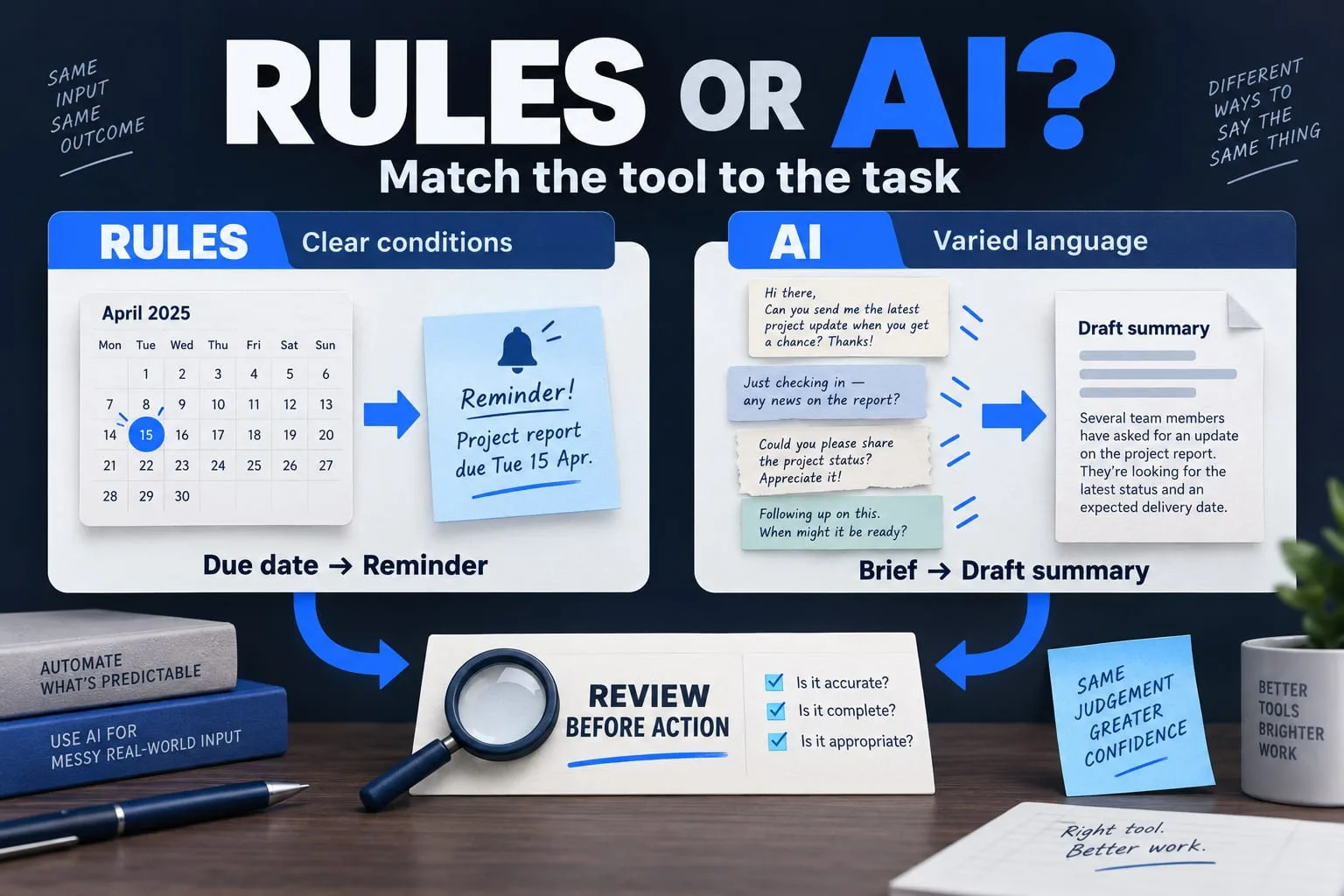 Illustrated guide: use rules for clear conditions such as a due-date reminder, and AI for varied language such as summarizing a brief. Review the output before taking action.