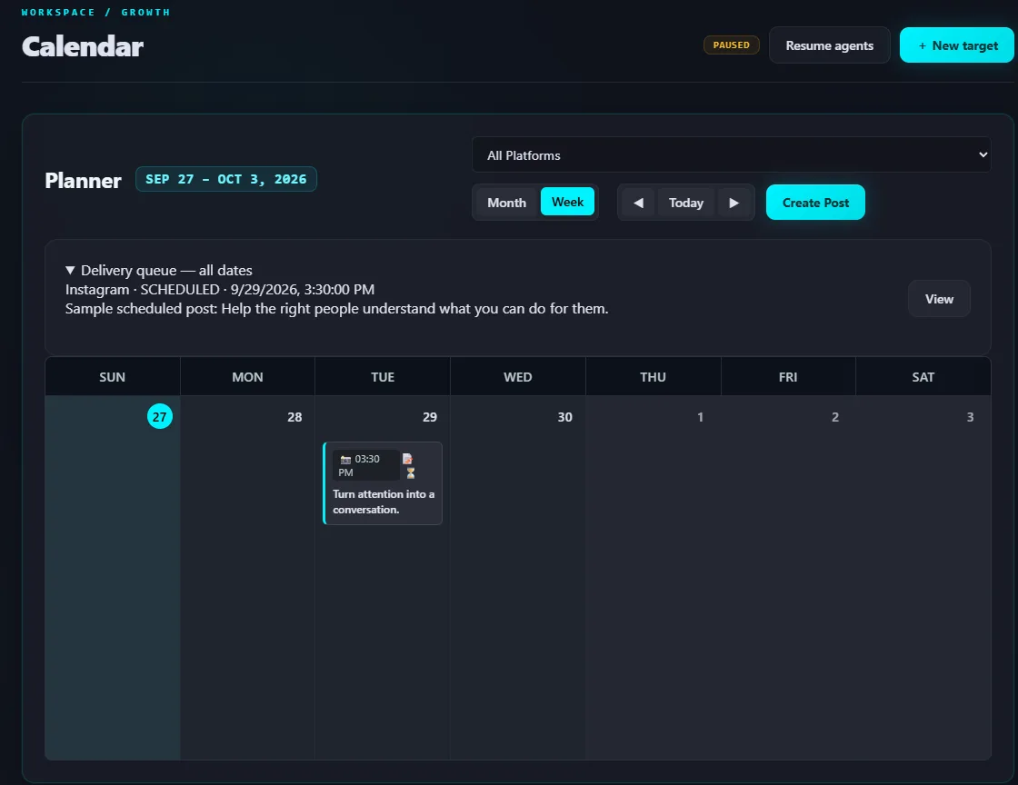 NEXVORA Growth calendar preview showing a sample post and planning week